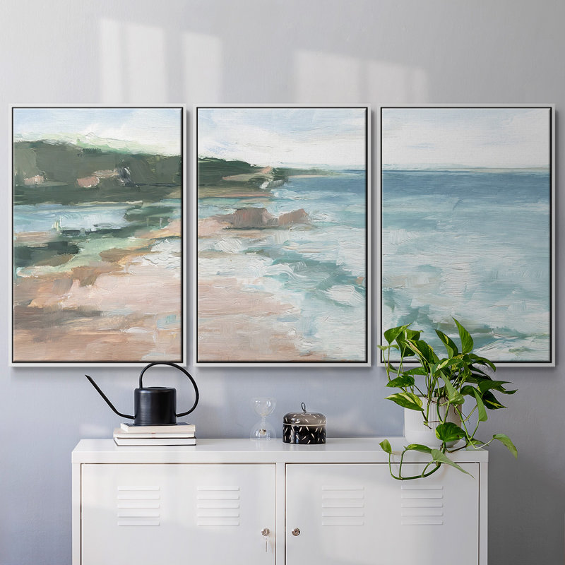 «Distant Regatta II», reproduction sur toile 3 pièces, H 36 po x l 75 po, Cadre blanc