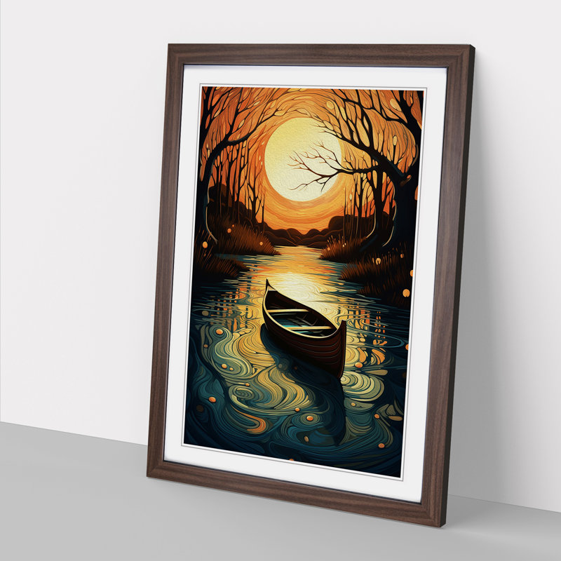 Boat on a Lake Art Nouveau - Framed Print, 34cm H x 25cm W x 2cm D, Walnut