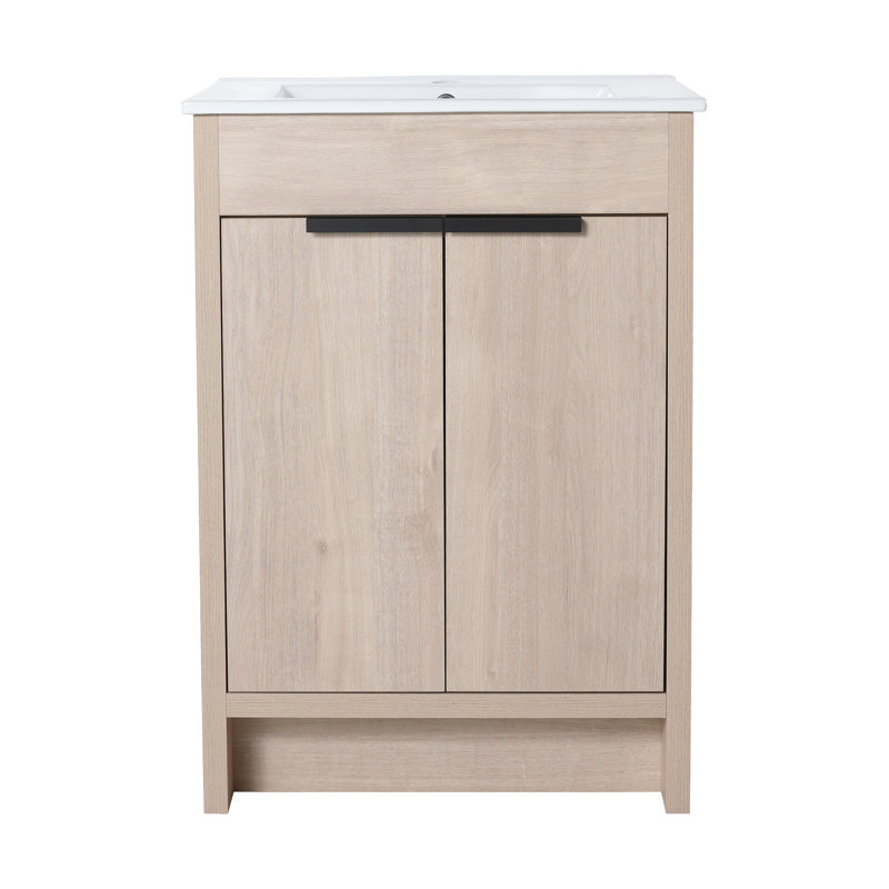 Meuble-lavabo de salle de bain autoportant en céramique blanche - 2 portes réglables, 24", Chêne uni / blanc