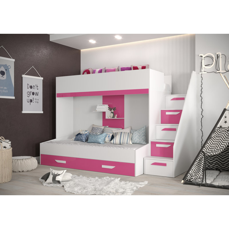 European Single (90 X 200 Cm) Loft Bed Panel with Storage Included, White/Pink