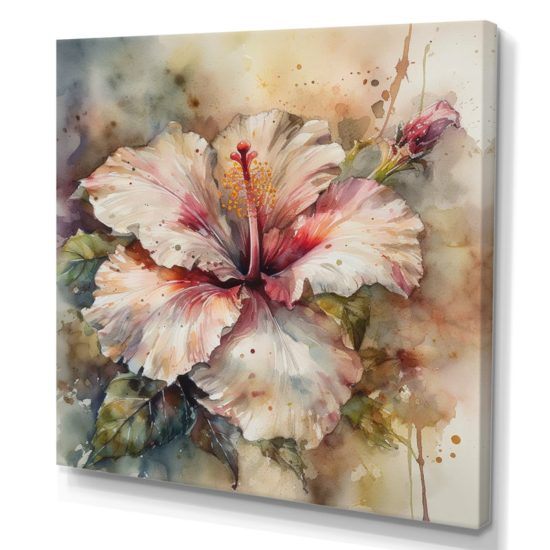 Romay, rose, beige, hibiscus euphorie sur toile, H 16 po x l 16 po x P 1 po, Toile tendue