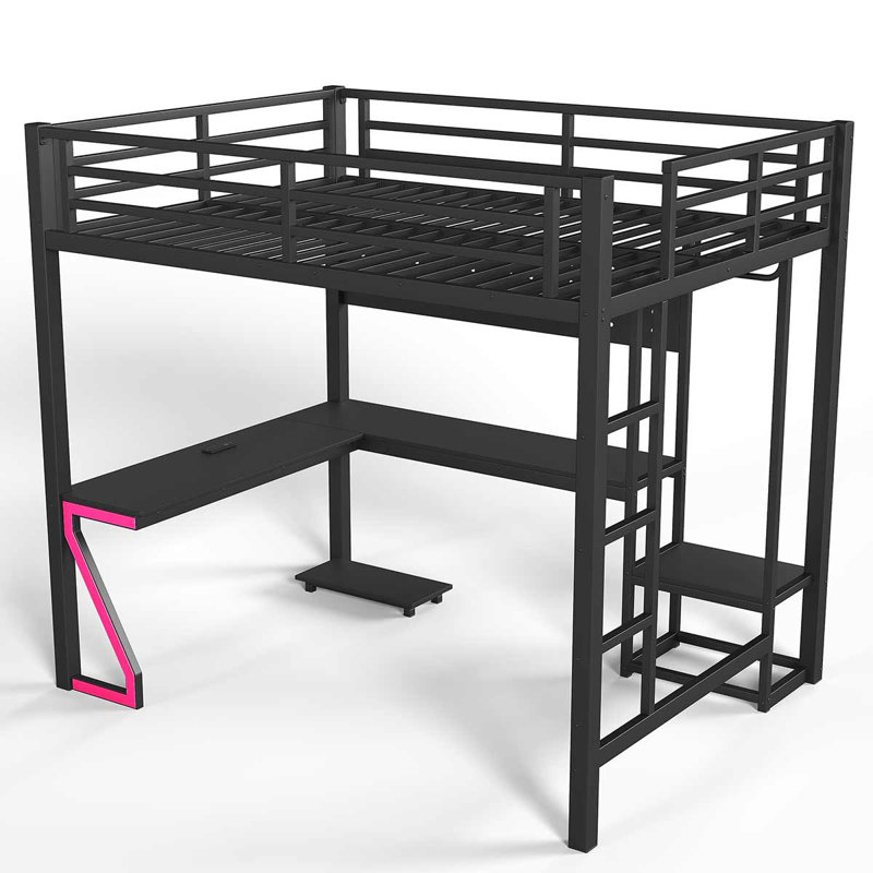 Lit mezzanine en Z à jeu RV avec bureau en L, ports de chargement USB et plateau pour PC, Full