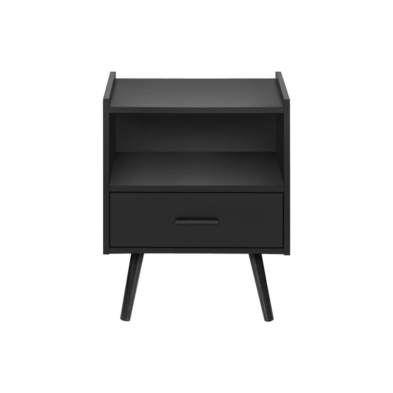Jexa Nightstand Side End Table With Open Cubby & Drawer, Black 19 Inch, Black