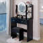 Ensemble de coiffeuse à miroir rond rond + tabouret à coussins souples, grand miroir, interrupteur tactile, luminosité réglable, grand bureau, rangement multicouche de grande capacité, convient aux petits espaces-1486038748