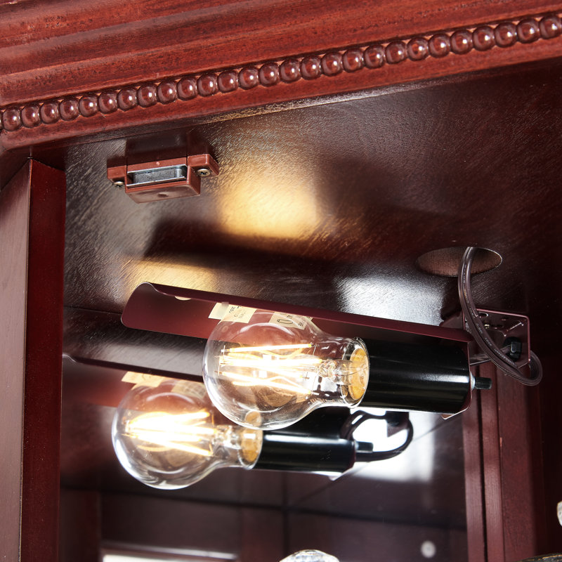 Vitrine en cerisier, lumières, tablettes en verre trempé, éclairage de miroir rétroéclairé avec et