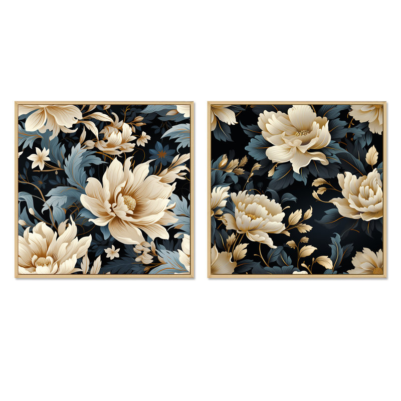 Ipomee - Ensemble de 2 collages carrés floraux, H 16 po x l 33 po, Cadre flottant brun