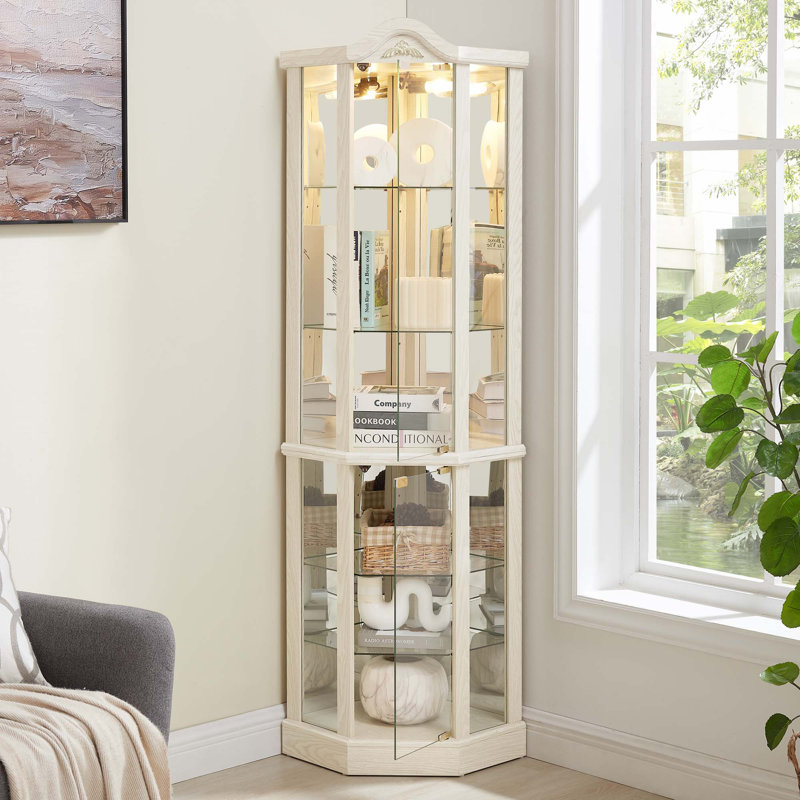 Vitrine de coin vitrée éclairée avec tablettes réglables, Blanc