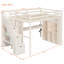 Lit mezzanine beige avec garde-robe intégrée, bureau d'étude, rangement ouvert et lumières à DEL, configuration d'espace pour les espaces compacts et les chambres doubles