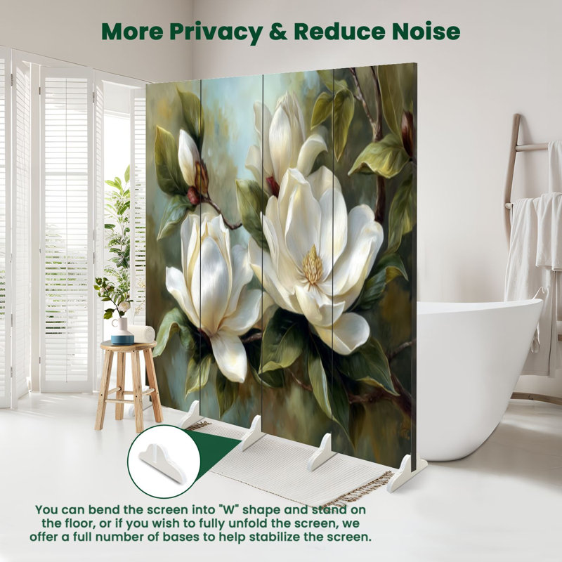 Cloison pliante 4 panneaux paravent fleur de magnolia royal rétro avec feuilles et pétales, 4, 71" H x 64" W x 1" D
