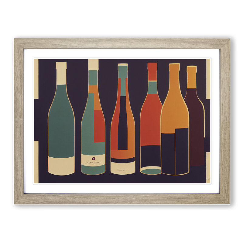 Retro Wine Bottle Vol.4 - Single Picture Frame Painting, 25cm H x 34cm W x 2cm D, Oak Framed