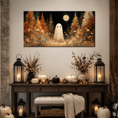 Décoration murale d'Halloween automnale : tableaux de fantômes, peinture sur toile aux tons chauds d'automne, idéal pour le salon ou l'entrée (40 x 80 cm).