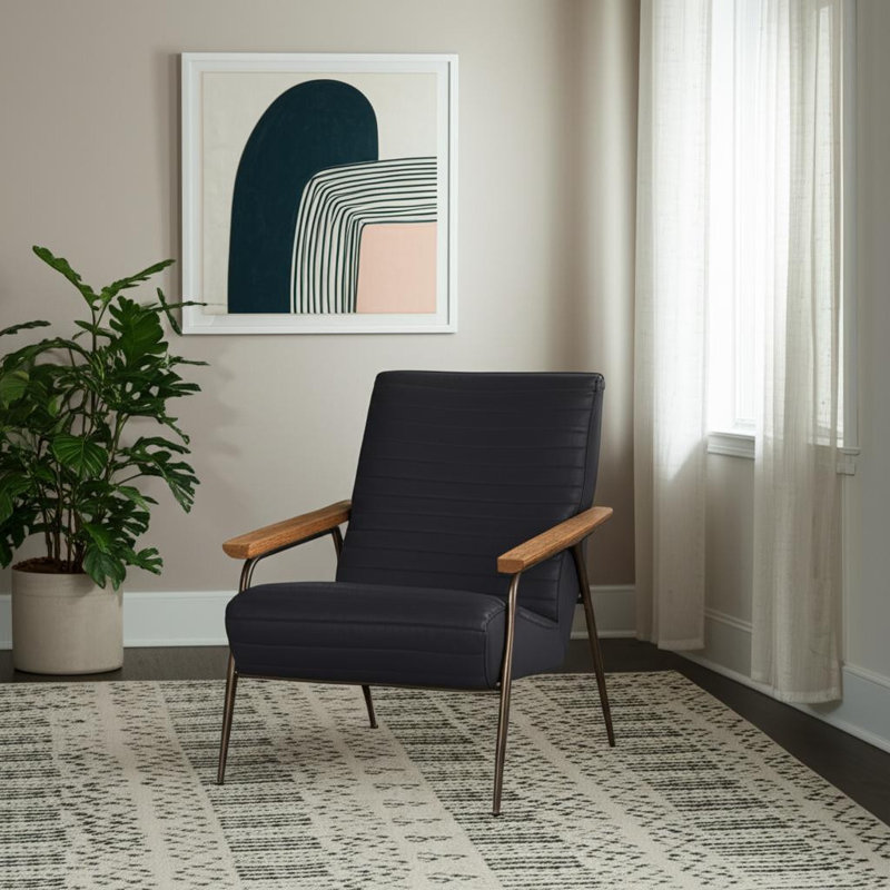 Chaise avec accoudoirs 37 po en cuir véritable noir et métal