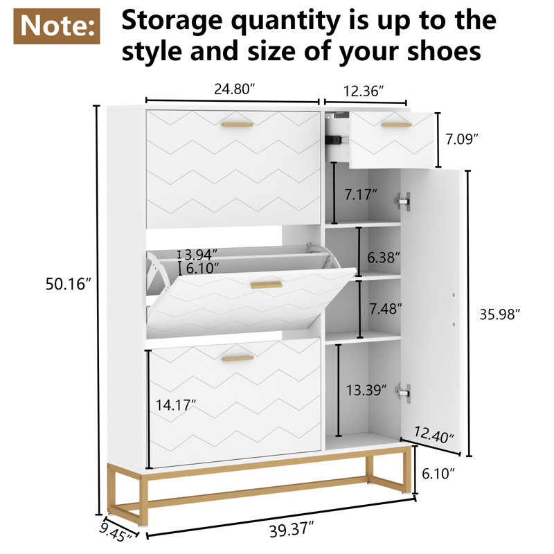 White MDF Shoe Storage Cabinet with Gold Metal Handles
