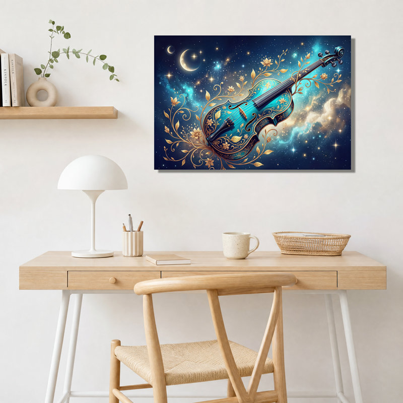 Tableau sur toile représentant un violon turquoise orné de lianes florales dorées sous un ciel étoilé, 16"H x 24"W