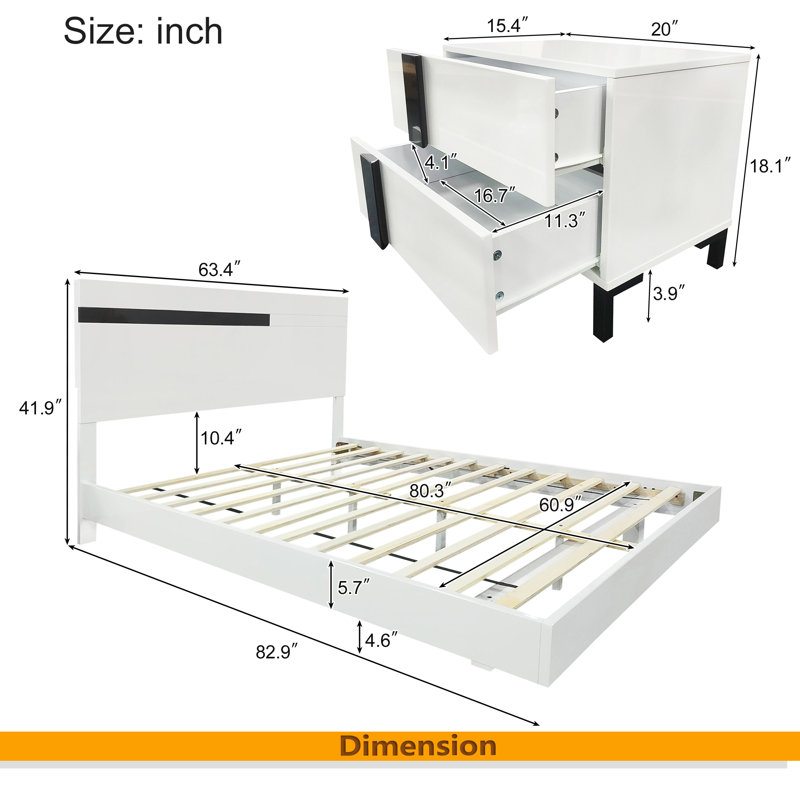 Ensemble de chambre à coucher moderne 3 pièces avec lit à plateforme flottante grand brillant avec lumière DEL et 2 tables de chevet, blanc