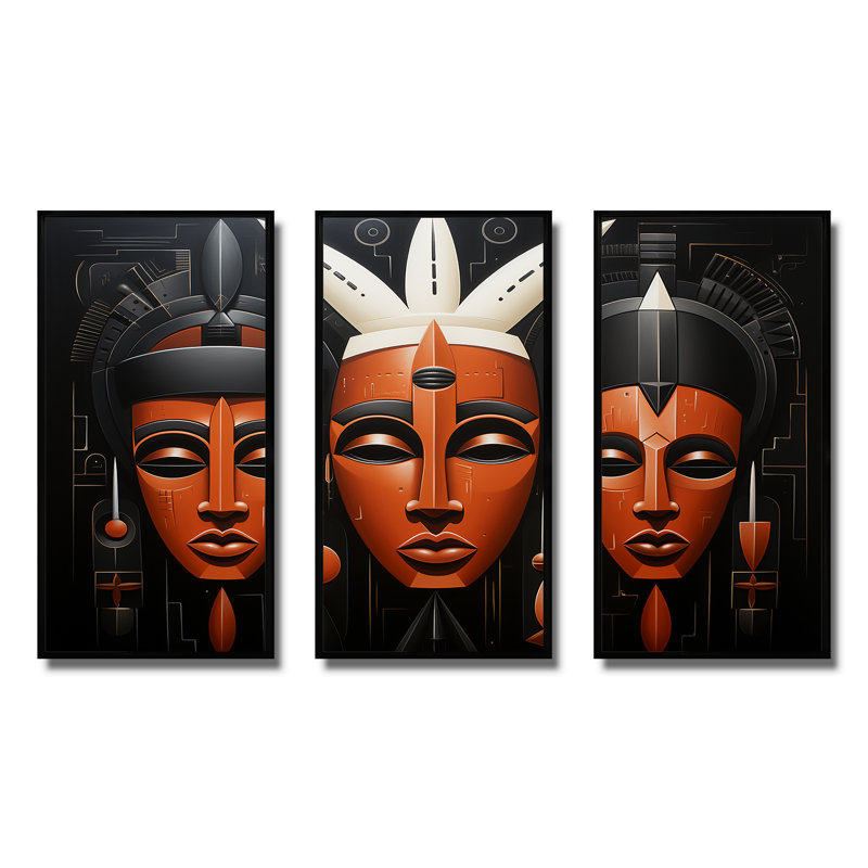 Masque africain noir et orange Kuba, H 28 po x l 36 po, Cadre flottant noir