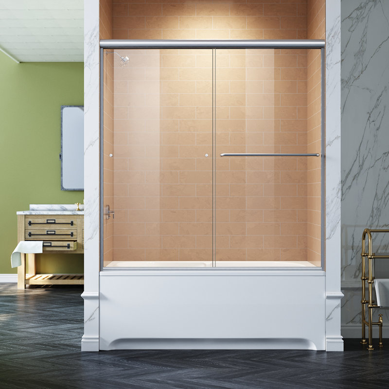 57.5-60” W X 57.4” H Semi-Frameless Tub Door, Brushed Nickel