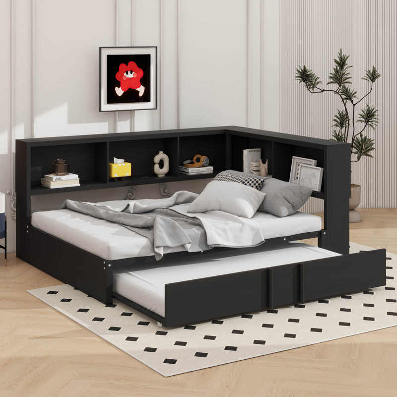 Lit de jour fonctionnel en métal avec lit gigogne escamotable et compartiments de rangement intégrés, Noir