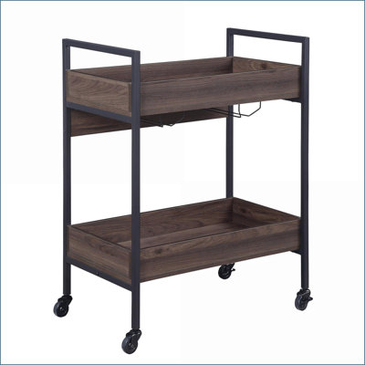Serving Cart, 2-Tier Walnut & Black Finish with Cup Holder | Metal | Walnut by Latitude Run