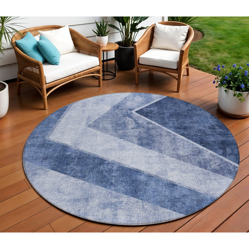 HomeRoots 8' Navy Blue And Denim Blue Round Geometric Washable Indoor Outdoor Area Rug
