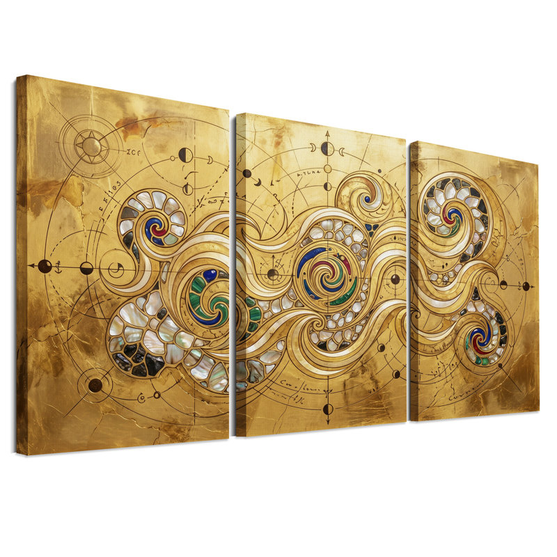 Tableau des phases de la lune dorée avec spirales de perles - Ensemble de 3 toiles murales, 24"H x 16"W x 3pcs