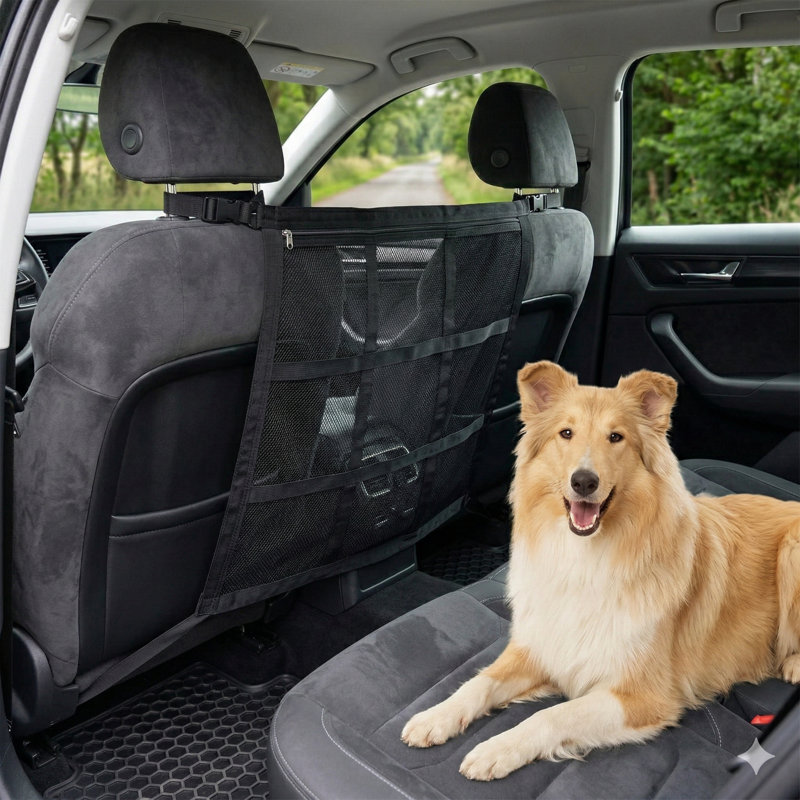 Barrière de véhicule canine avancée modèle 2026, construction en filet à double couche avec accès à fermeture à glissière, s'adapte universellement aux VUS, berline et camions, 23 x 23 pouces, facile à installer et facile à installer