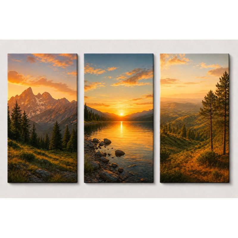 Très grand ensemble de 3 impressions sur toile de montagne au coucher du soleil sur un lac de montagne, impression sur toile de salon rustique, impression sur toile 24 x 36 pouces - prête à être accrochée