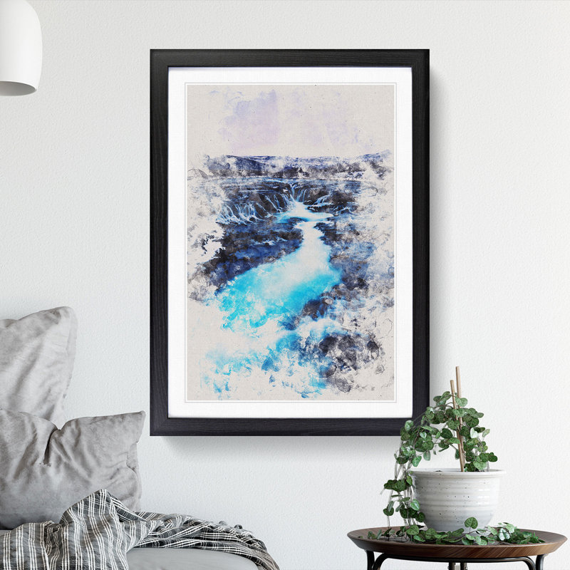 Winter Waterfall in Iceland Watercolour - Picture Frame Graphic Art, 48cm H x 36cm W x 2cm D, Black