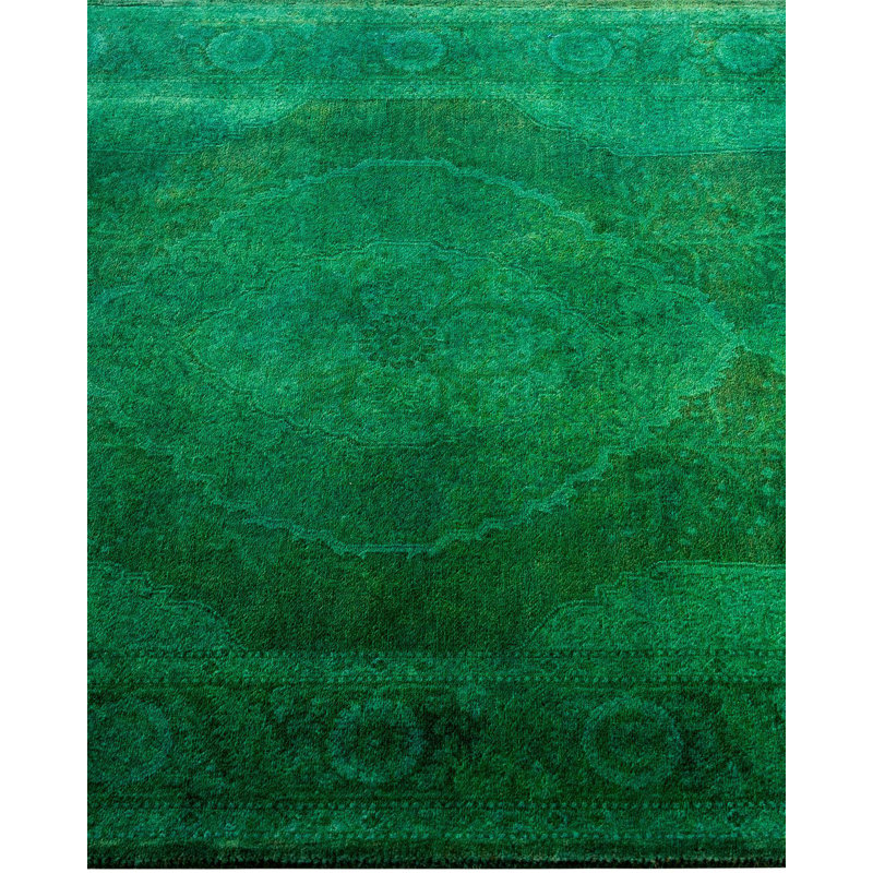 Hand-Knotted Green and Gray Wool Rectangular Area Rug