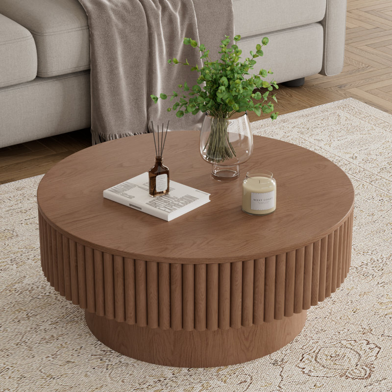 Table basse ronde avec rangement, Noyer, H 14 po x l 31,5 po x P 31,5 po