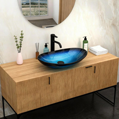Bathroom Artistic Sink, Blue Tempered Glass Vessel, Pop - Up Drain, Boat Shape Above Counter, Easy To Clean Surface Vessel Sink: Glass, For Budget Upgrades