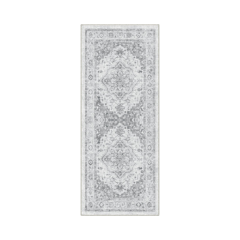 Medallia Floral Machine Washable Grey Indoor Area Rug with Non-Slip Backing, Runner 2' x 7'