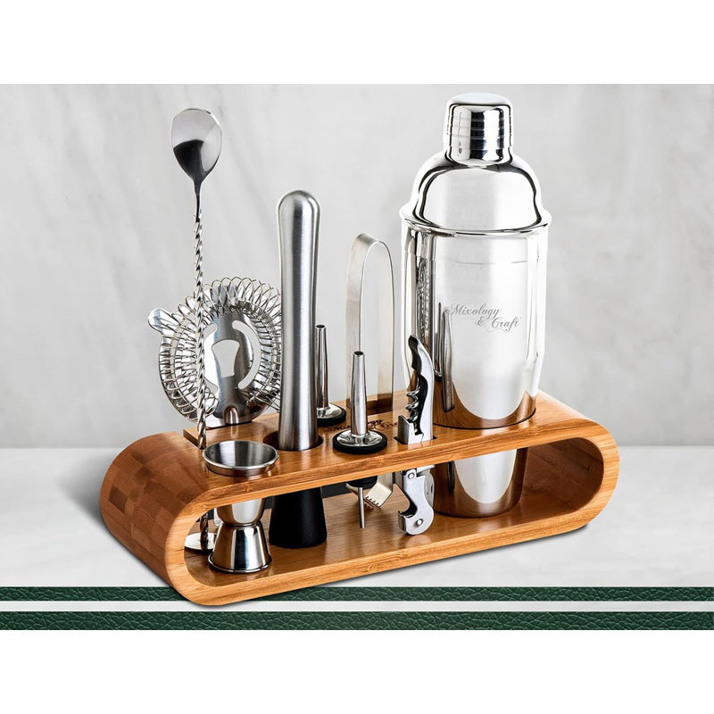 Stainless Steel Bartending Set with Bamboo Rack and Tools