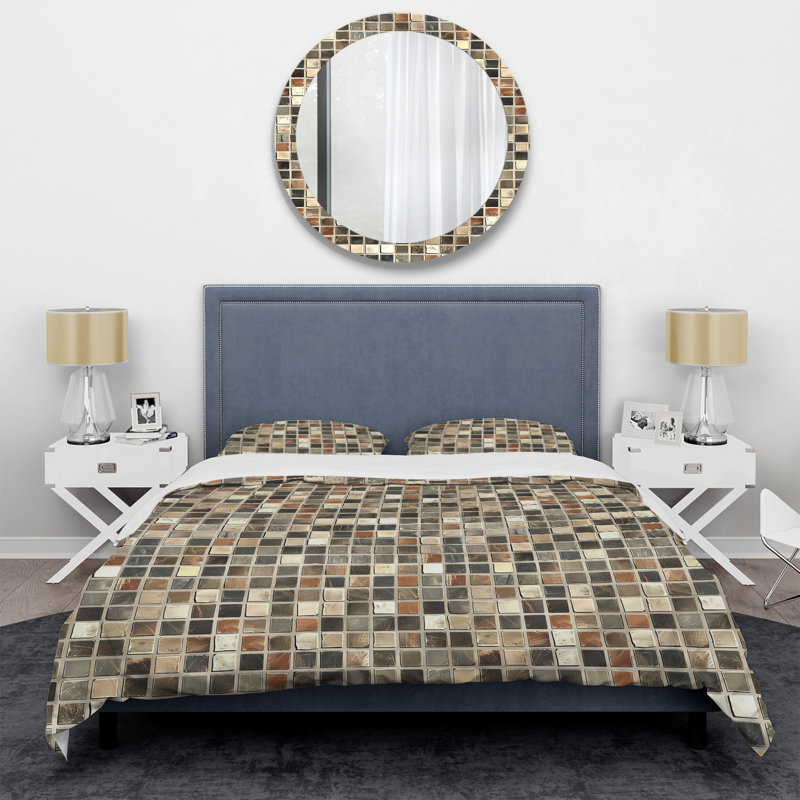 Ensemble de housse de couette moderne brun beige et mosaïque II, Housse de couette pour grand lit et 2 taies décor