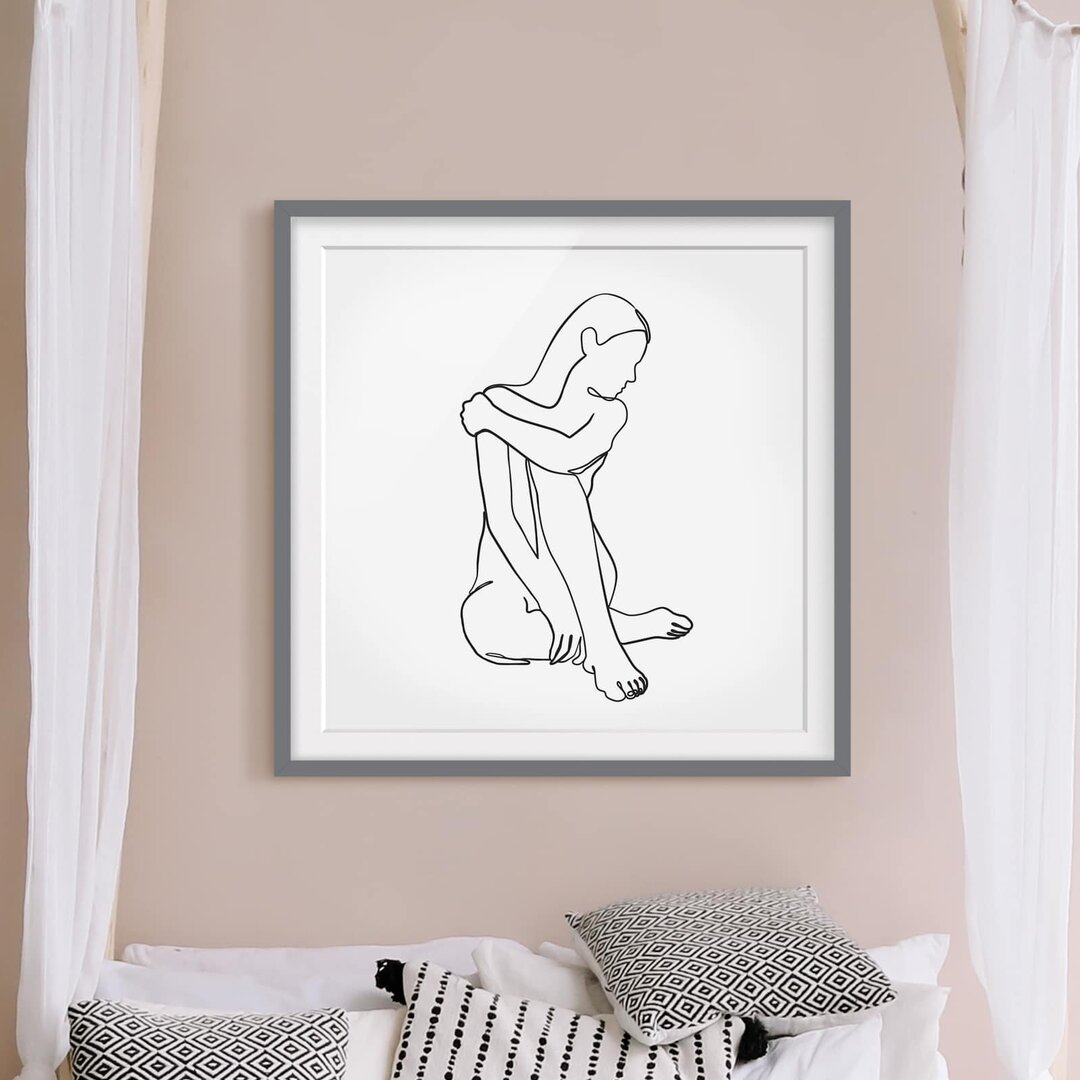 Gerahmtes Poster Line Art Woman Nude Black White