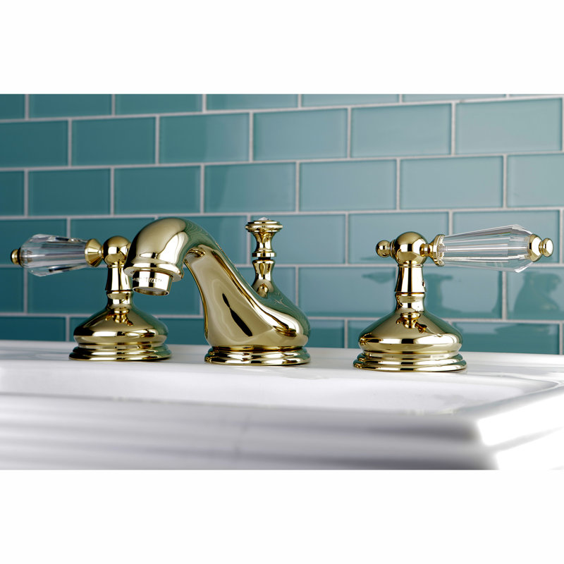 Kingston Brass Wilshire Two-Handle 3-Hole Deck Mount Widespread Bathroom Faucet with Brass Pop-Up Drain, Polished brass