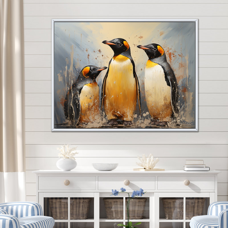 «Playful Snow Wonders Penguins», reproduction sur toile, Cadre flottant blanc, H 12 po x l 20 po x P 1 po