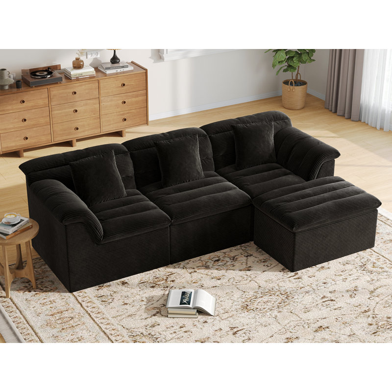 Canapé modulaire Boneless de 112 po avec repose-pieds Cloud, aucun assemblage requis, Noir, H 33 po x l 112 po x P 66,1 po