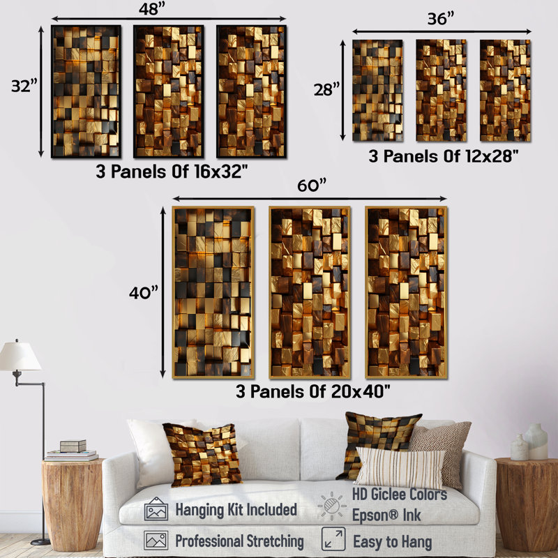 Cubes abstraits noirs et dorés I - Ensemble de 3 reproductions de toiles géométriques abstraites, H 28 po x l 36 po