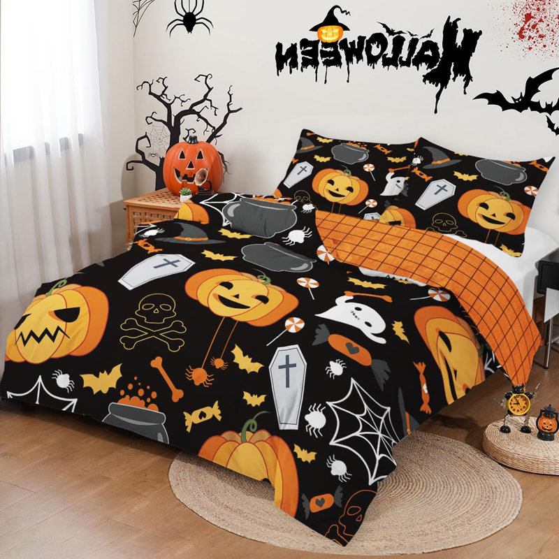 Literie trois pièces en microfibre douce, motif citrouille d'Halloween, avec taies d'oreiller, fermeture éclair invisible, noir et orange.