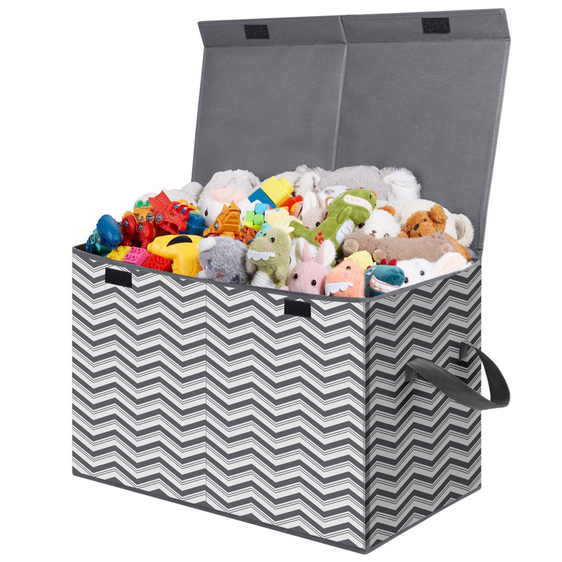 Boîte de rangement de coffre, grand bac de rangement pliable avec couvercle rabattable et poignées durables pour salle de jeux, chambre à coucher, gris