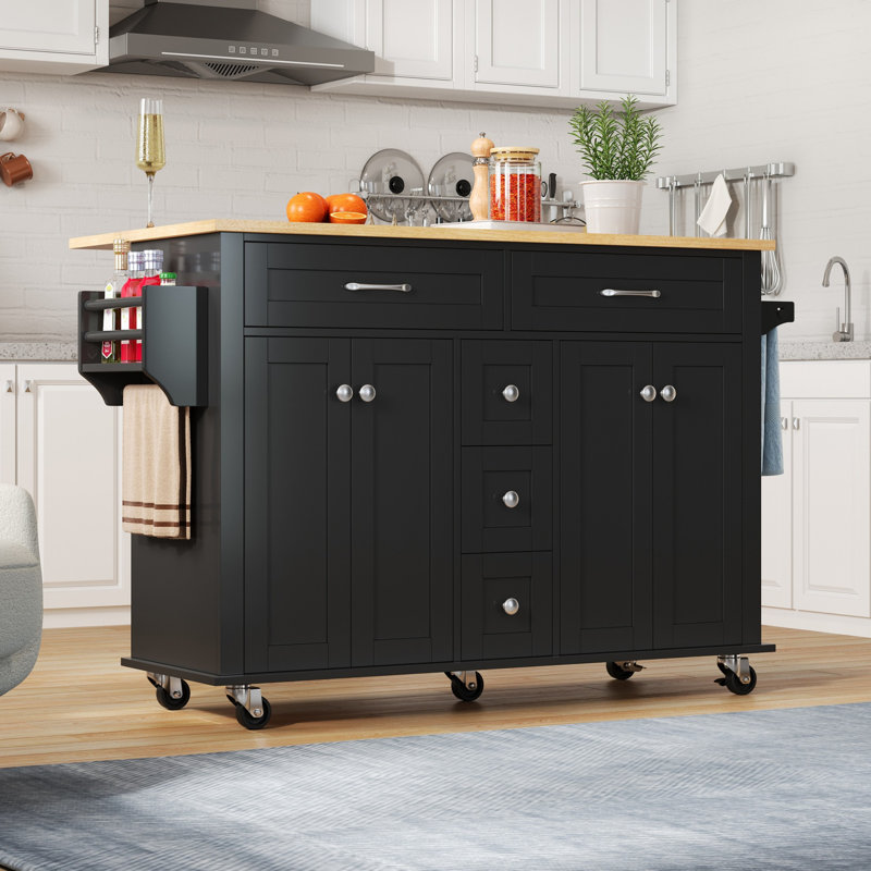 Kitchen Island Withe 4 Doors And 5 Drawers, Black/Silver