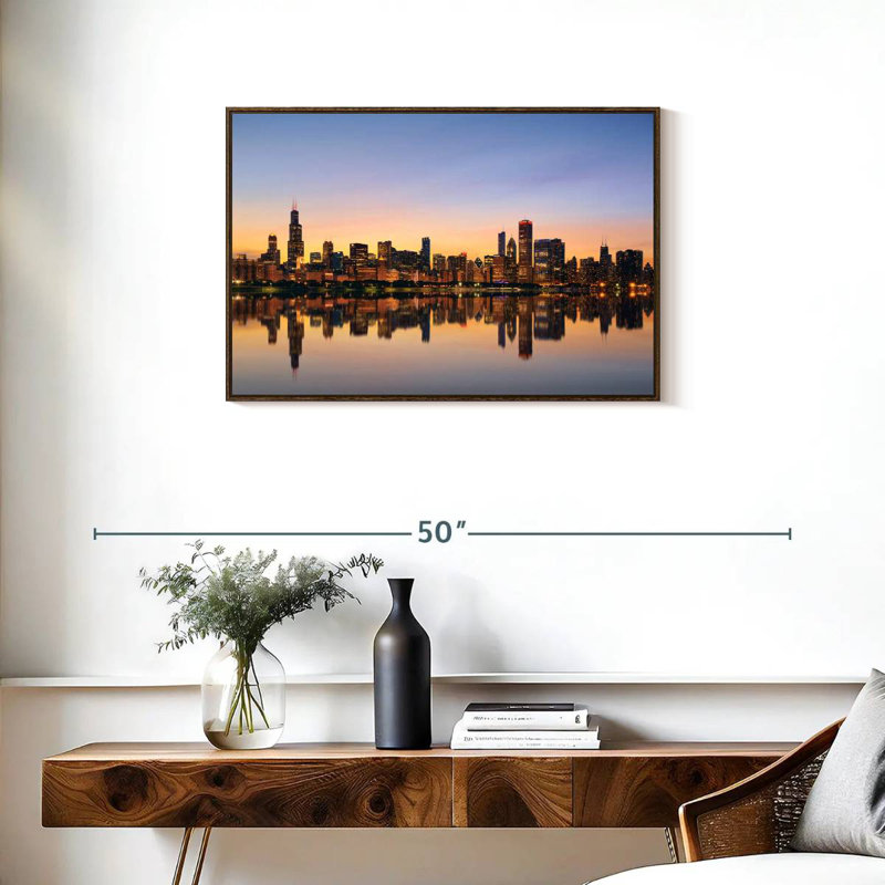 Chicago, reflet de l'horizon, 31 po x 21 po, Cadre flottant noyer