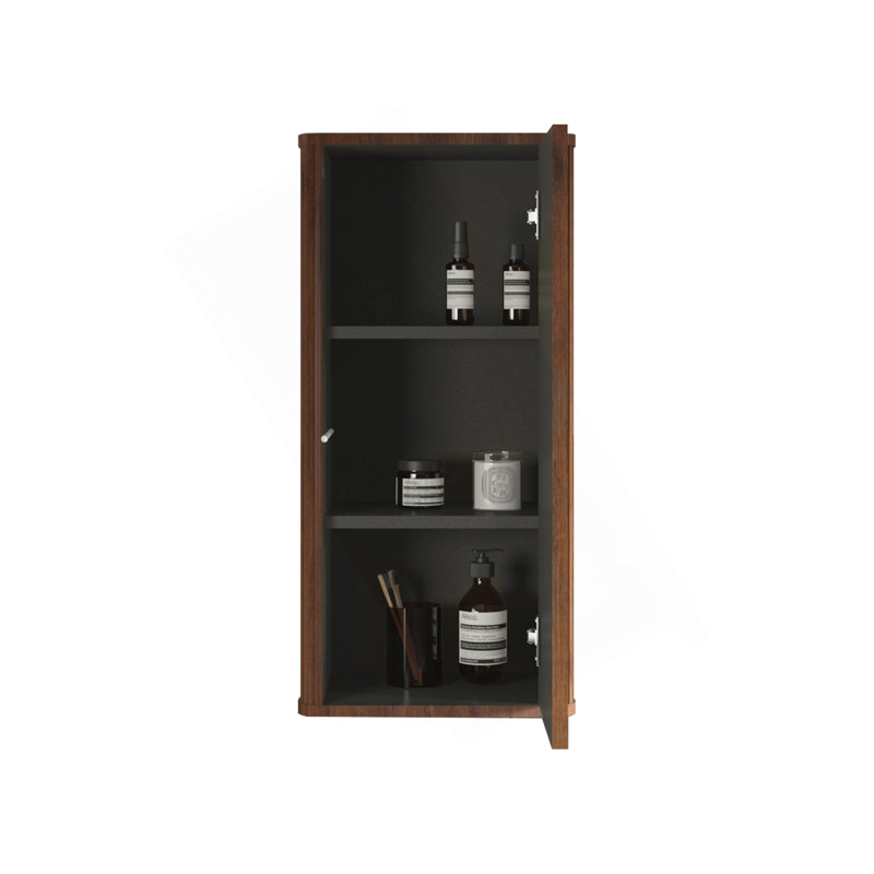Élégante armoire latérale flottante en noyer rayé pour petits espaces, solution de rangement murale.