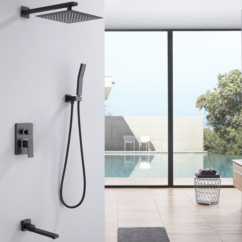 Système de douche complet à pression équilibrée avec valve brute, Noir mat