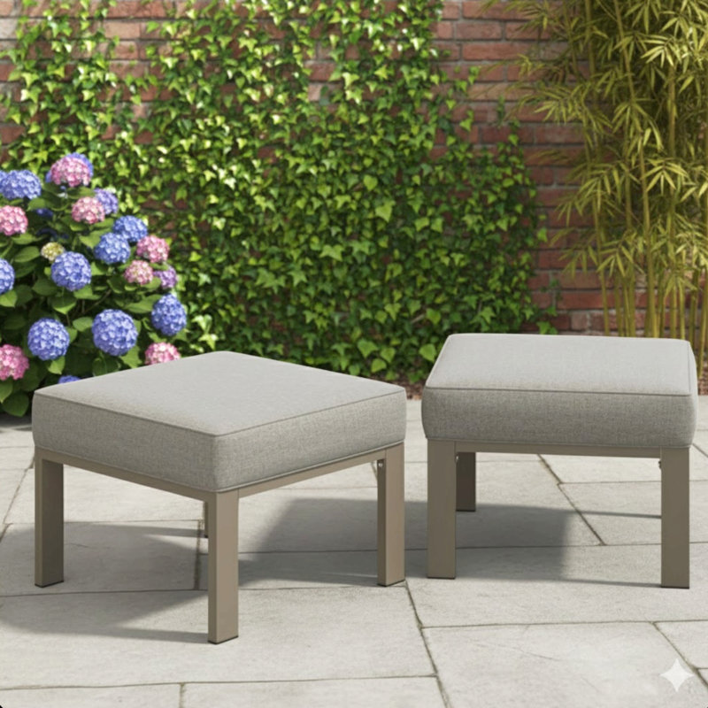 Set Of 2,  22” All-Weather Metal Patio Ottomans Thick Beige Cushions & Khaki Frame, Beige, Light Khaki