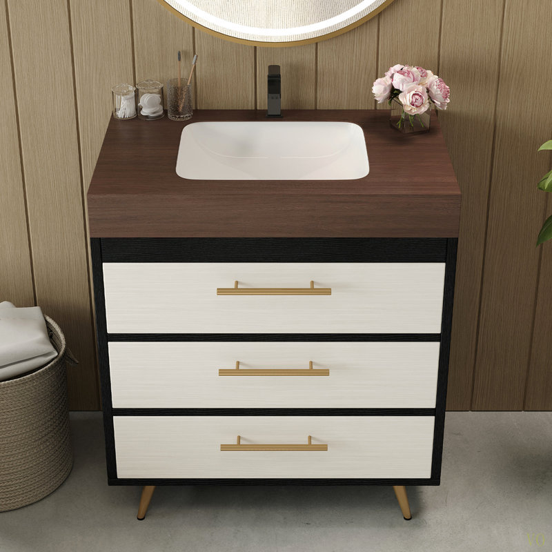 Meuble-lavabo autoportant moderne avec lavabo vasque en céramique et plateau en pierre frittée durable, Noir / blanc, Brun