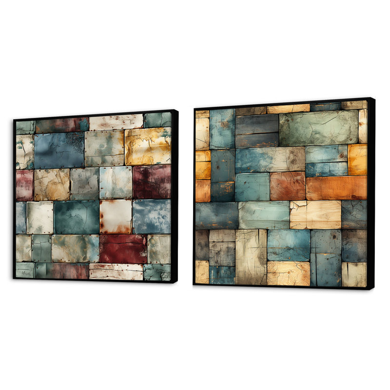 Moreno - Ensemble de 2 collages carrés abstraits, Cadre flottant noir, H 16 po x l 33 po