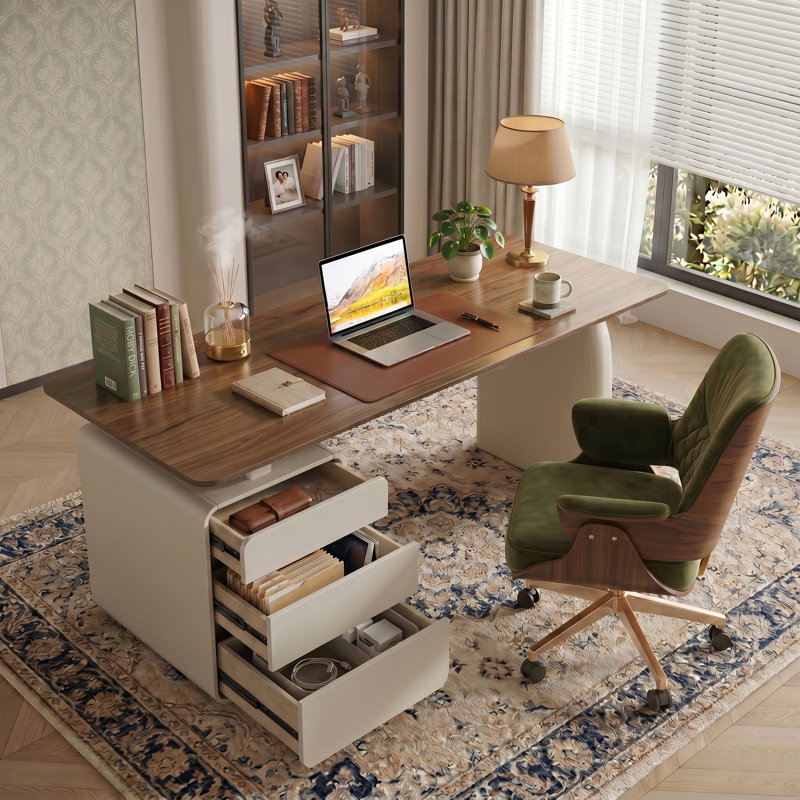 Modern Wood Writing Desk with Storage Drawers, 62.99'' Large Home Office Desk with Built-in 3 Drawer Cabinet