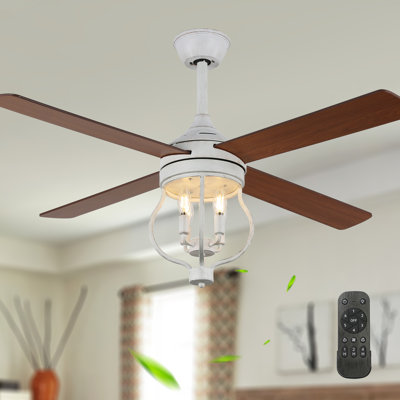 Ventilateur de plafond Kahliel de 48 po avec cage, éclairage et télécommande, moteur CC réversible à 6 vitesses, style ferme, en bois massif, idéal pour les chambres à coucher.